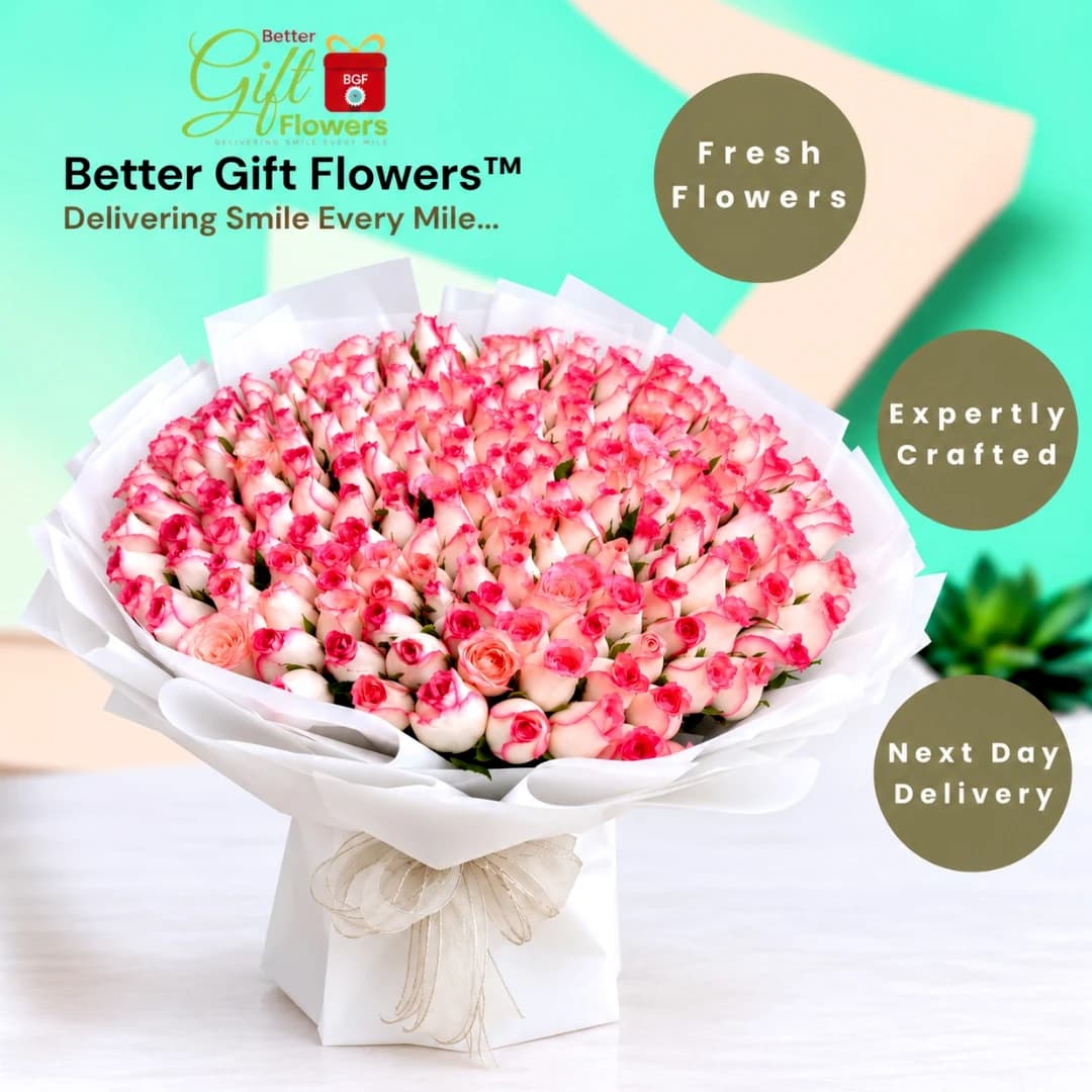 Luxury 200 pink roses bouquet featured in a BetterGiftFlowers promotional image highlighting next-day delivery.