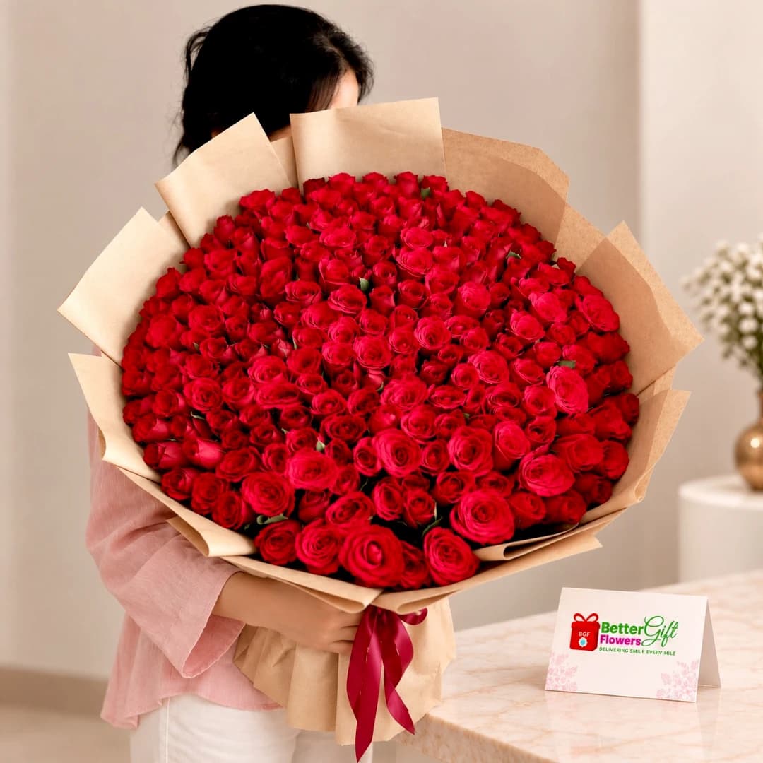 Person holding a luxury bouquet of 200 red roses with beige wrapping and a burgundy ribbon.
