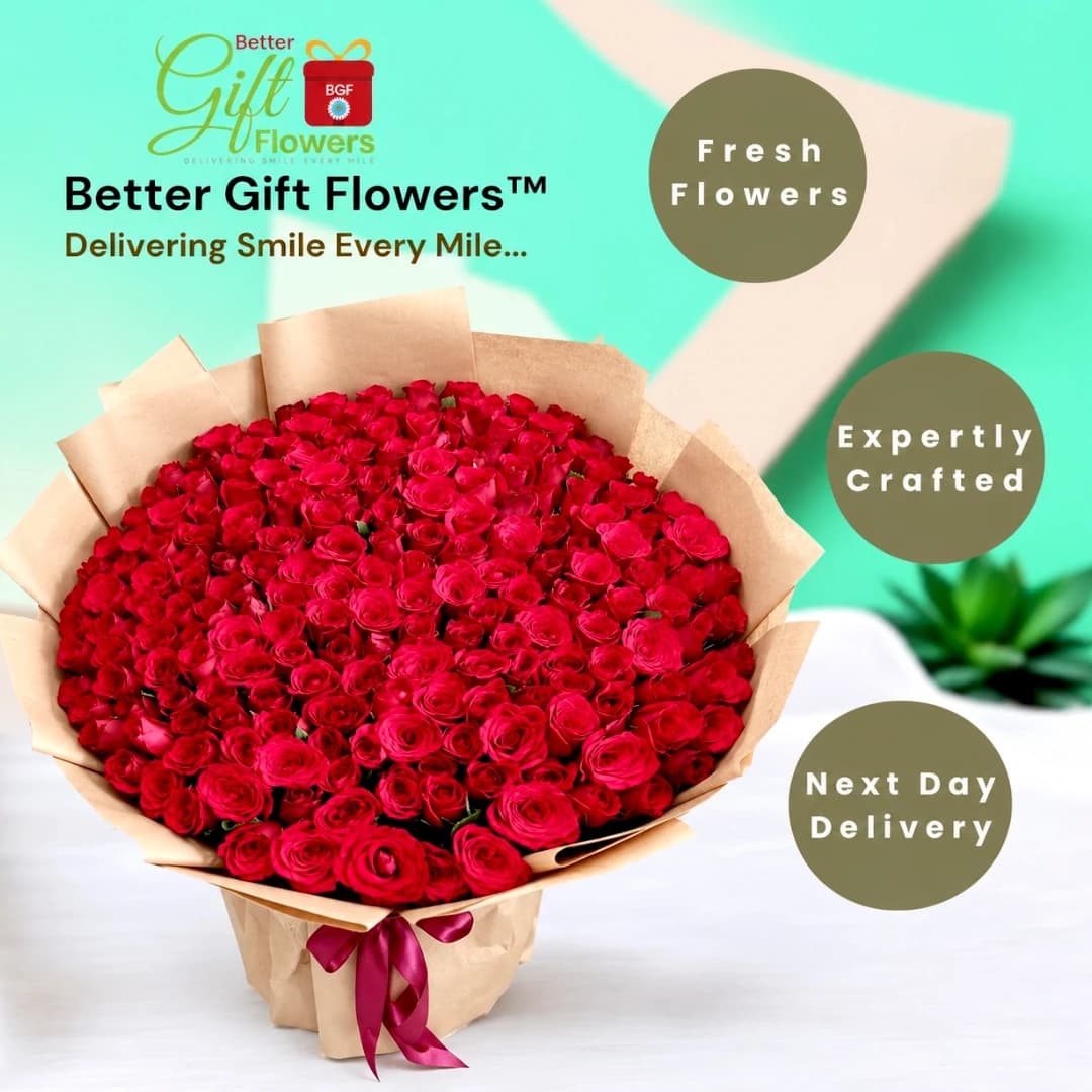 Luxury 200 red roses bouquet featured in a BetterGiftFlowers promotional image highlighting next-day delivery.