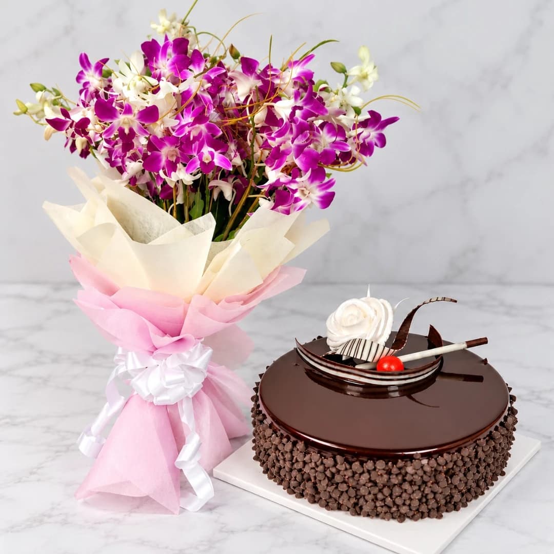 Choco Chip Cake with purple and white orchid bouquet gift combo