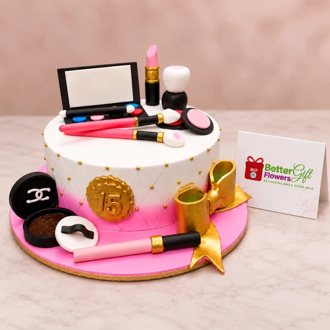 Makeup theme birthday cake with fondant cosmetics and pink decorations