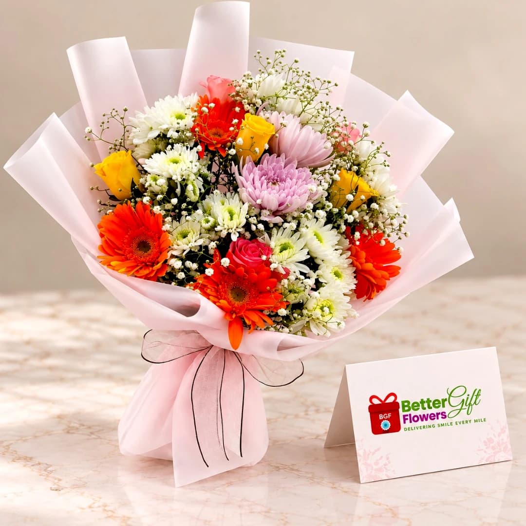 Mixed flower bouquet featuring orange gerberas, yellow and pink roses, white and lavender chrysanthemums, and baby's breath in pink wrapping.