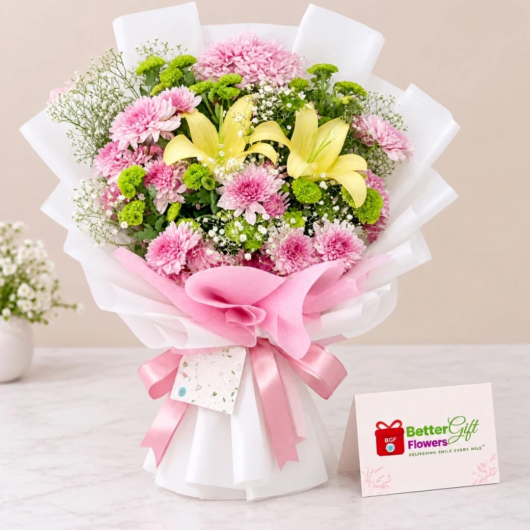 Pink chrysanthemum and yellow lily bouquet wrapped in white and pink paper with a satin ribbon.
