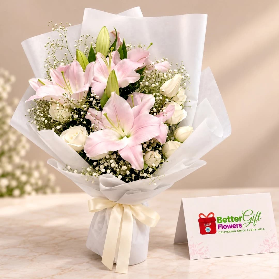 Pink lilies and white roses bouquet with baby's breath, white wrapping and a champagne-gold satin bow.