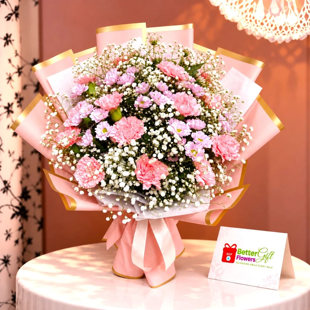 Pink and lavender carnation bouquet with baby's breath and pink wrapping