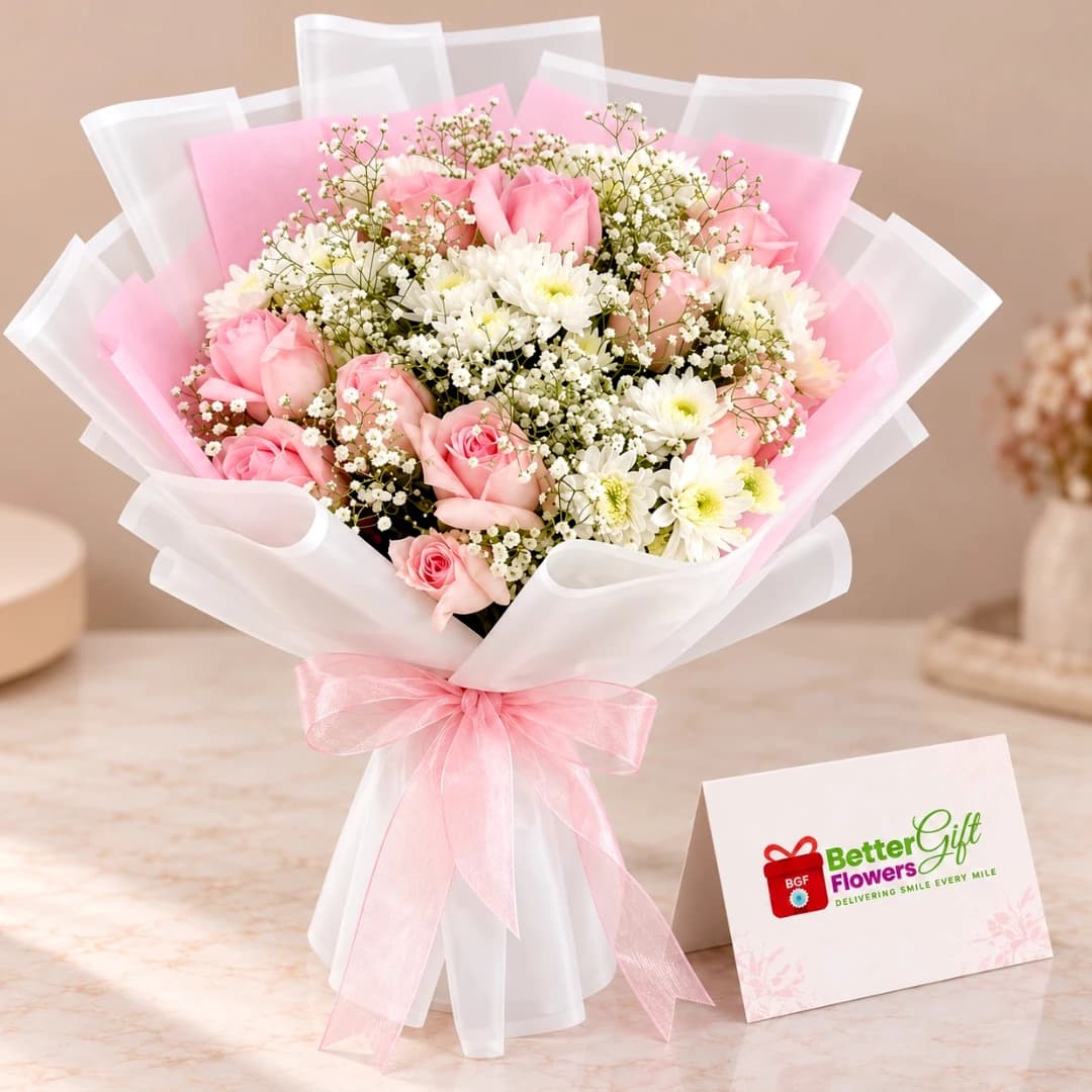 Pink Rose and White Chrysanthemum Bouquet