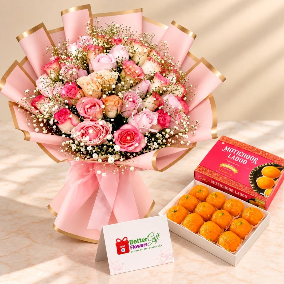 Pink Rose Bouquet with Motichoor Ladoo