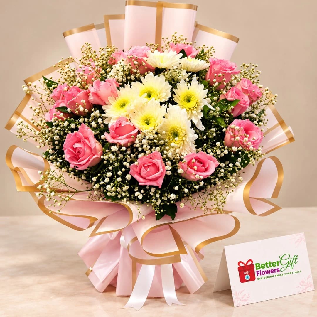 Pink roses and white chrysanthemums bouquet with baby's breath