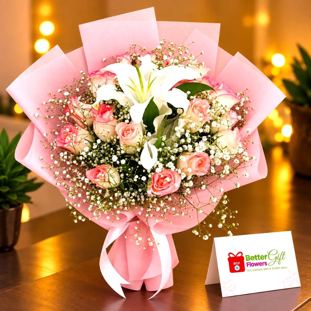 Pink rose and white lily bouquet with baby's breath and pink wrapping