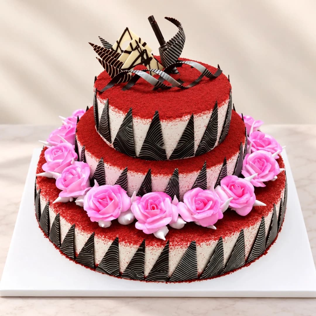 Red Velvet three-tier cake decorated with pink roses and chocolate pieces