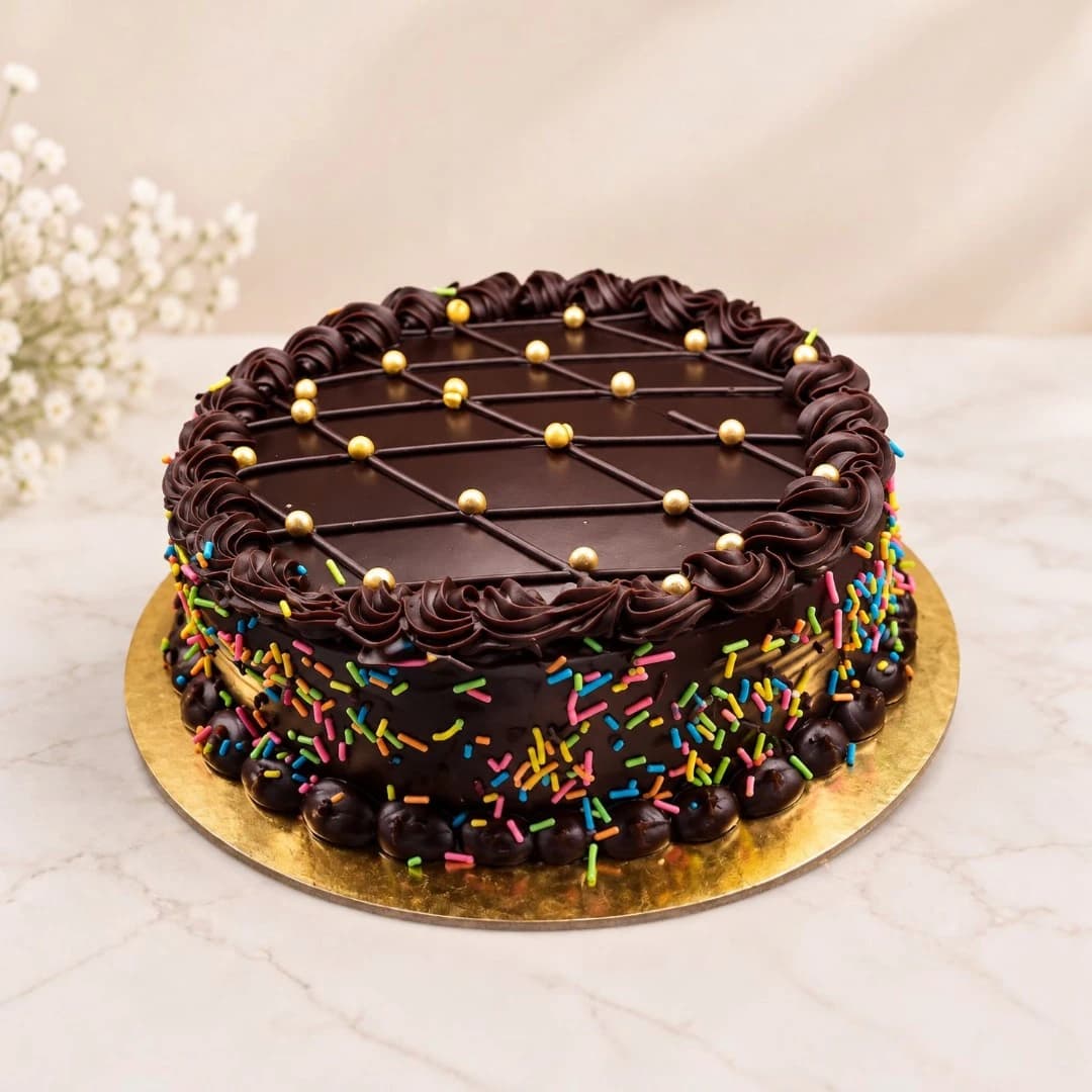 Sprinkle chocolate cake with colorful sprinkles and golden sugar pearls
