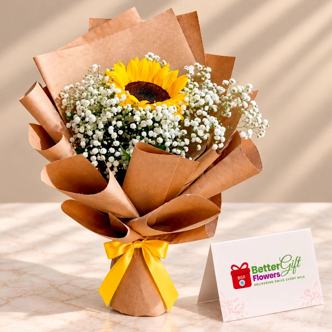 Single yellow sunflower bouquet with white baby’s breath flowers, brown decorative wrapping and a yellow ribbon.