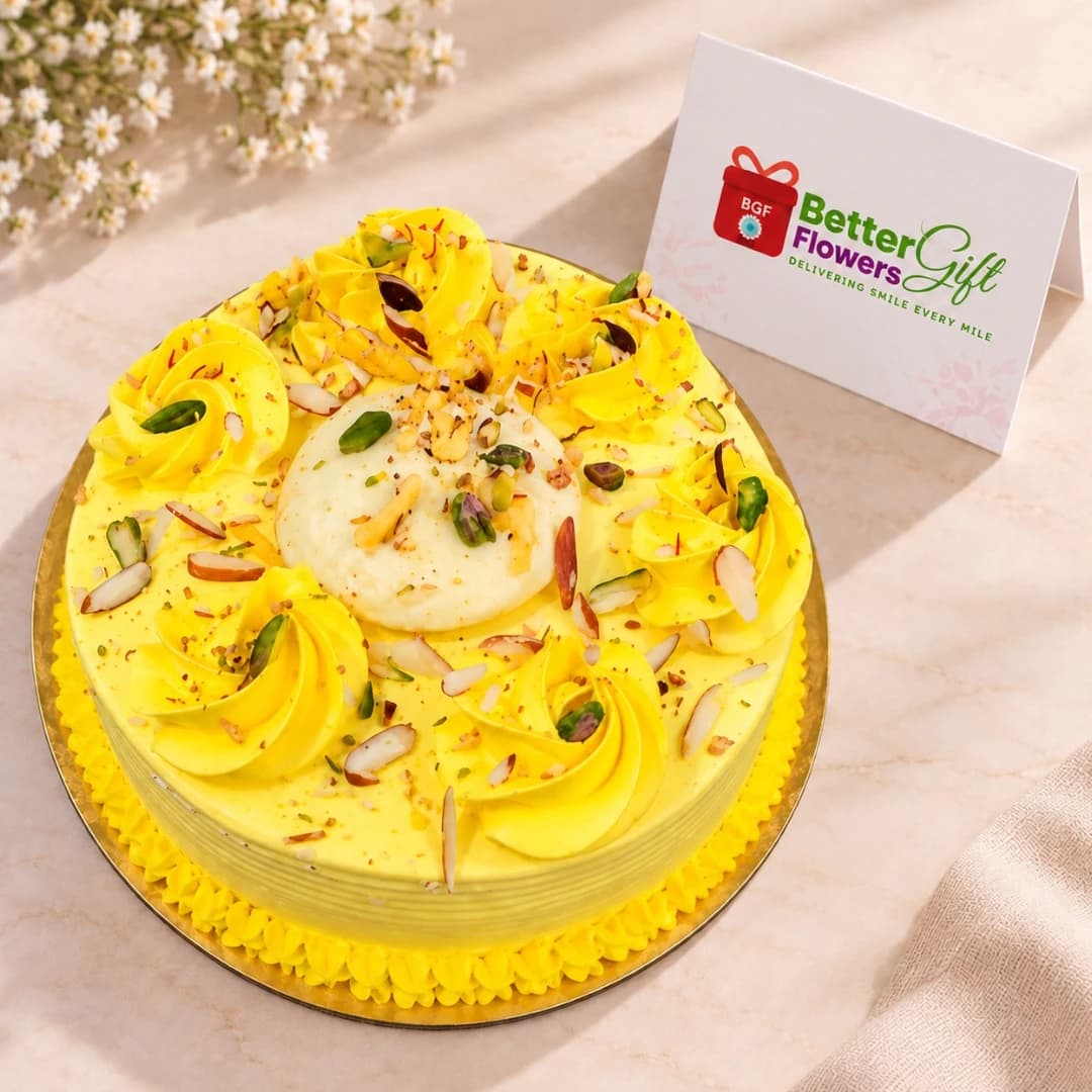Rasmalai cake with saffron cream, rasmalai topping and dry fruit garnish