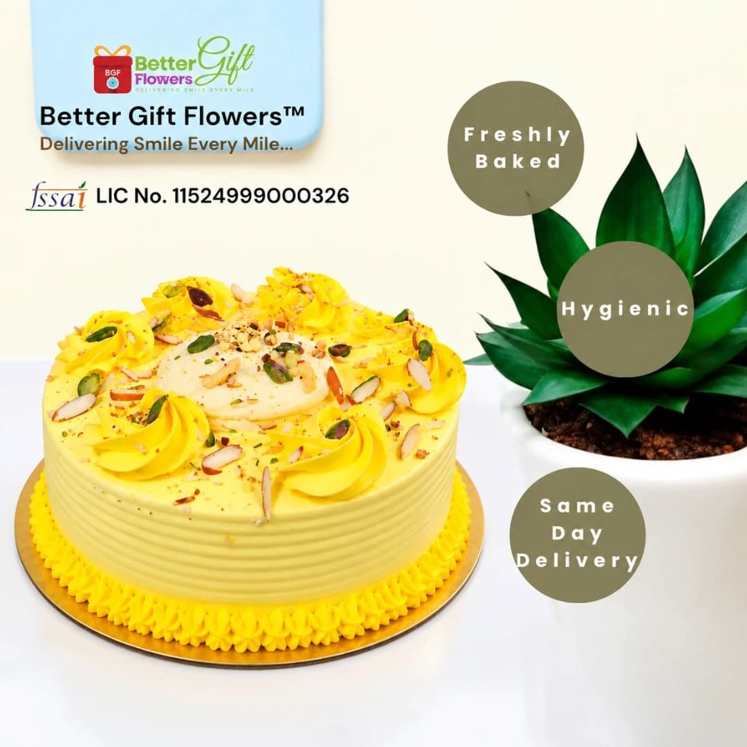 Rasmalai cake displayed for same day delivery with saffron cream and dry fruits