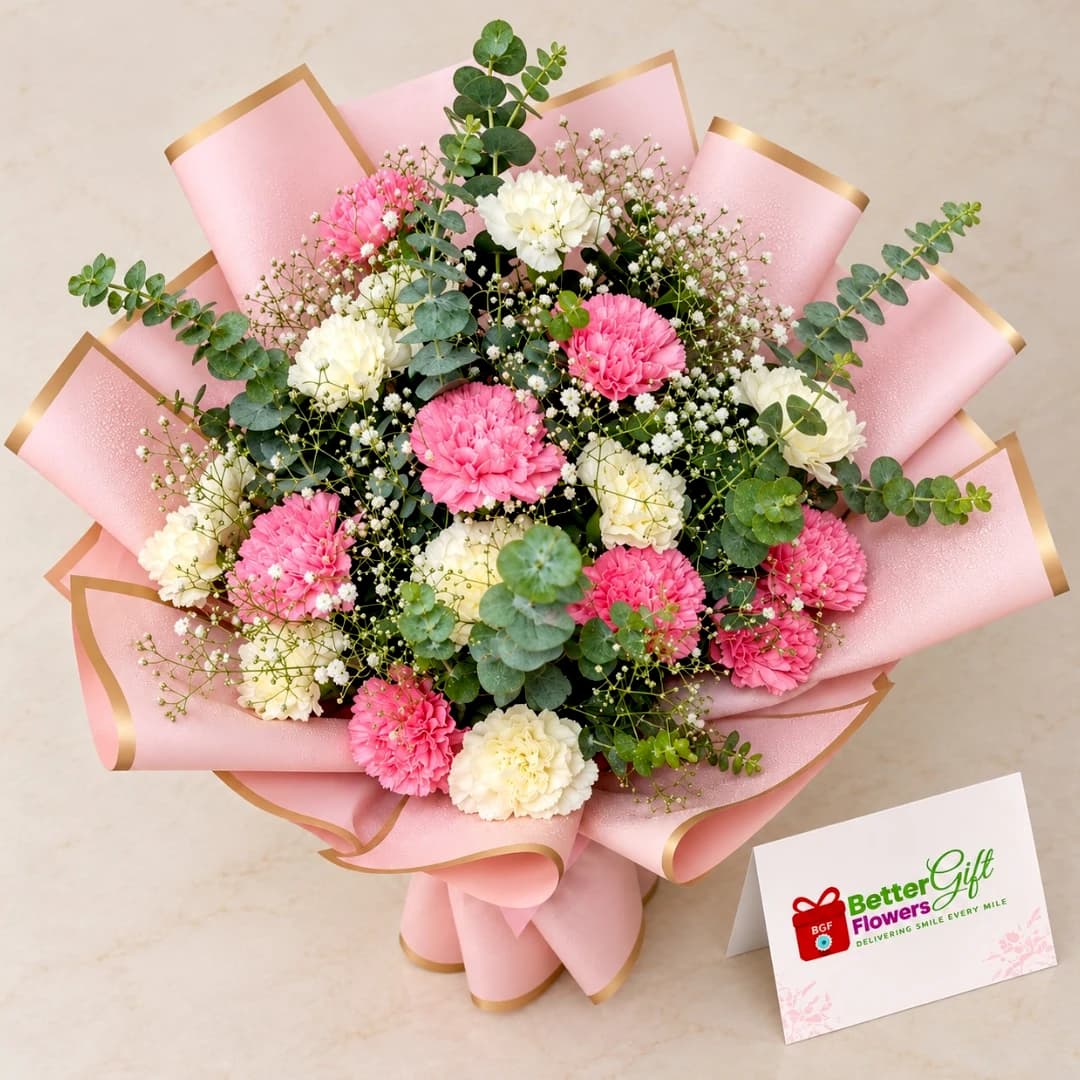 Top view of pink and white carnations arranged with delicate baby's breath and green foliage in premium pink wrapping.