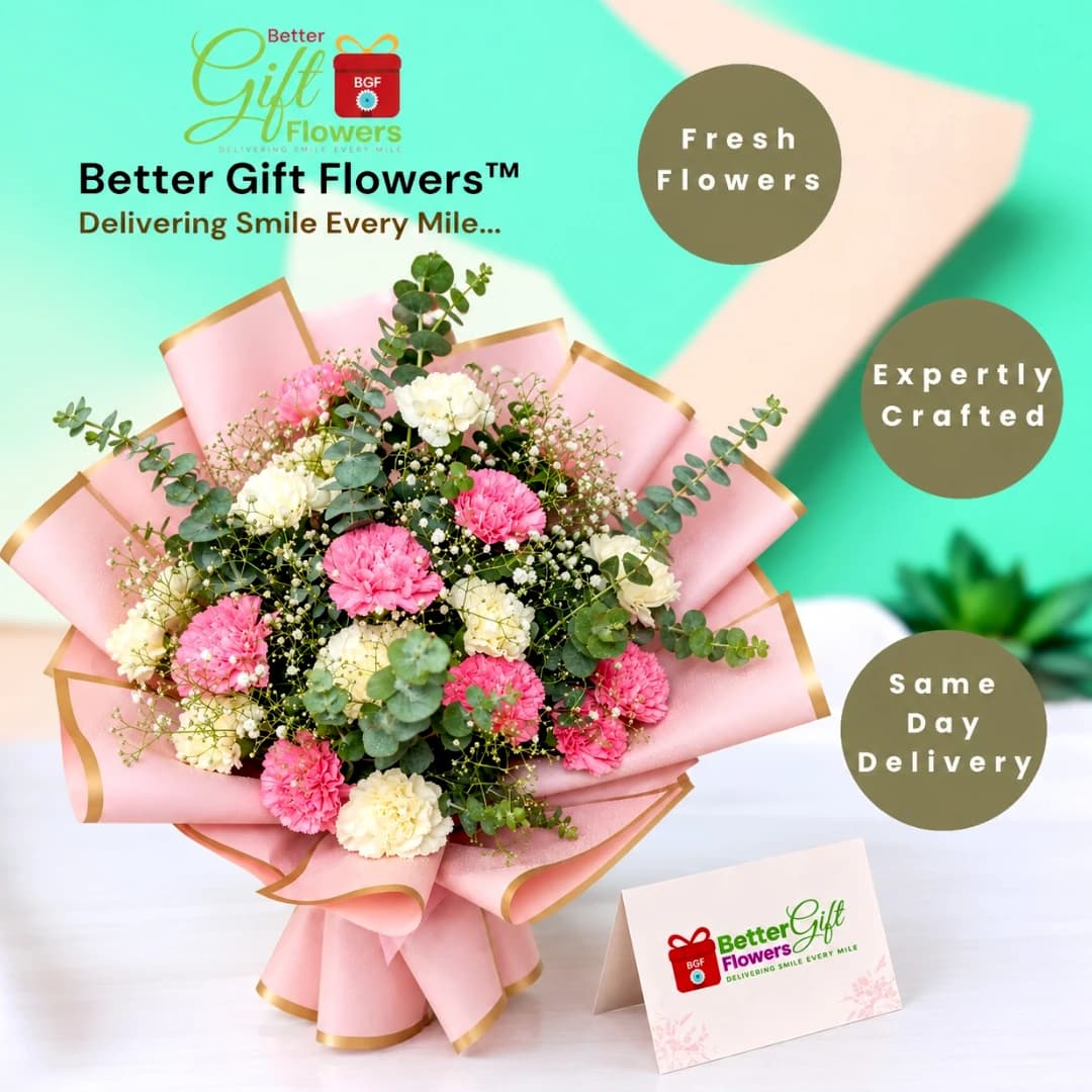 Pink and white carnation bouquet in elegant wrapping displayed in a BetterGiftFlowers same-day delivery promotional image.