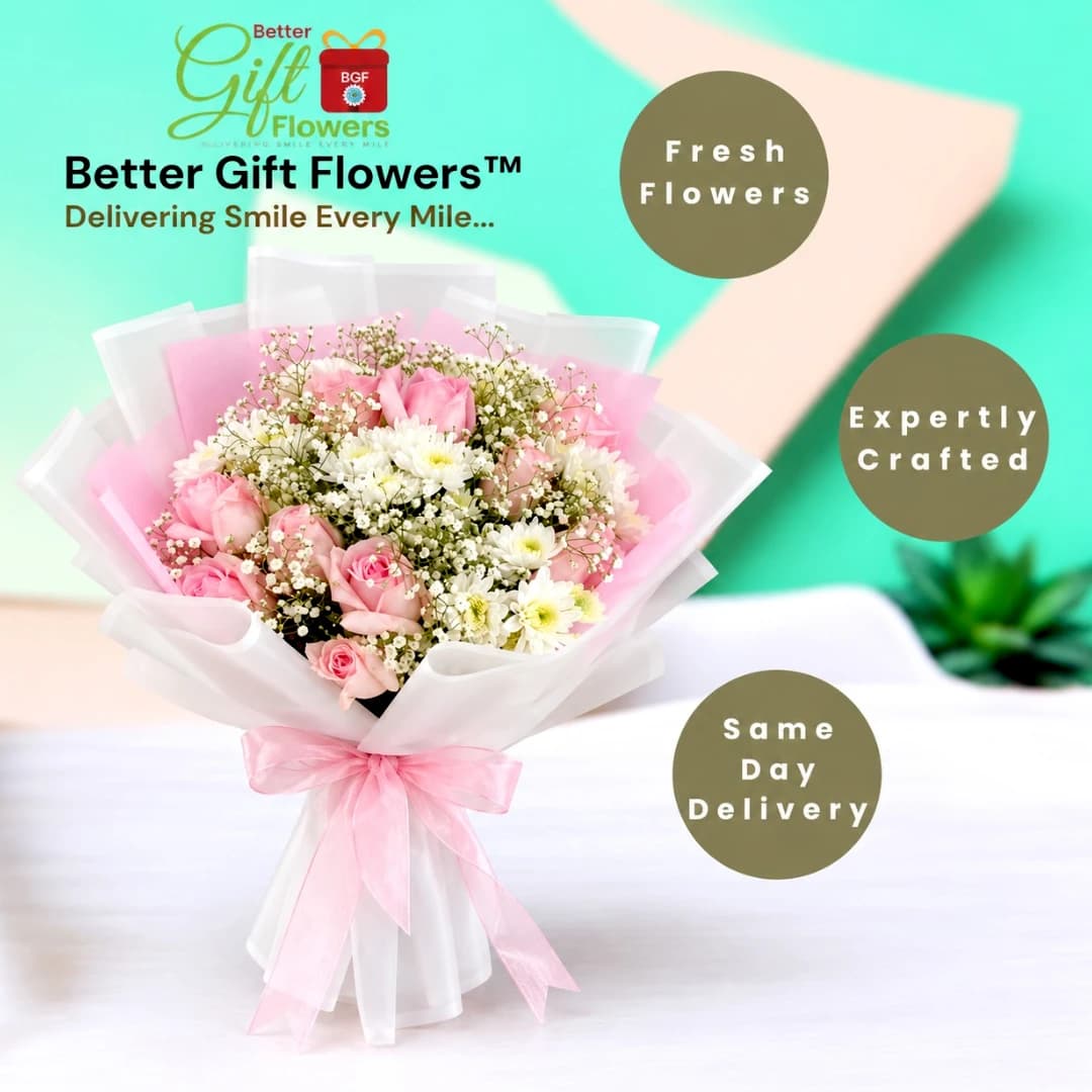 Pink rose and white chrysanthemum bouquet in premium wrapping displayed in a BetterGiftFlowers same-day delivery promotional image.