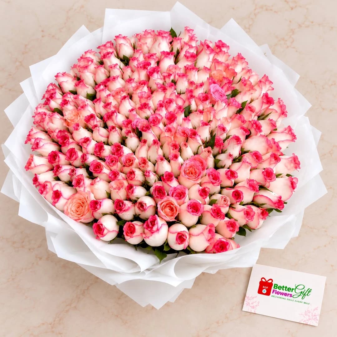 Long Pink Roses Luxury 200 Pink Roses Bouquet - BGF | BetterGiftFlowers™