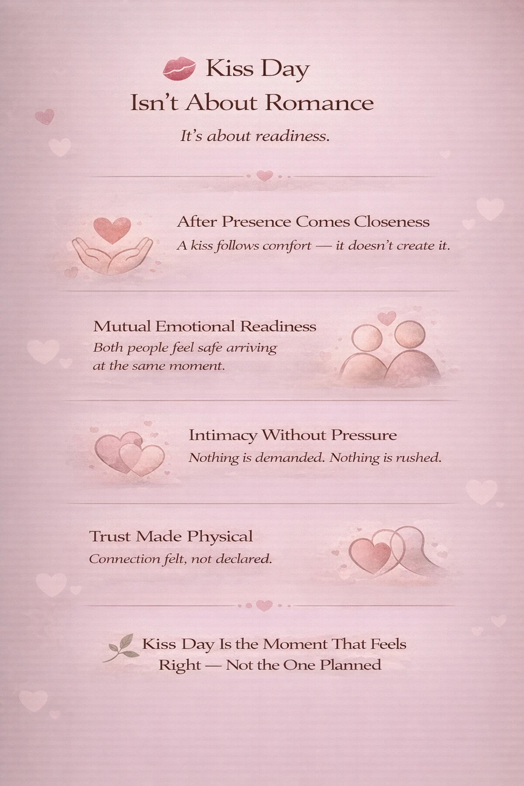 Kiss Day infographic by BetterGiftFlowers&trade; explaining how Kiss Day represents emotional readiness and mutual comfort rather than romance, highlighting closeness after presence, shared readiness, intimacy without pressure, and trust made physical.