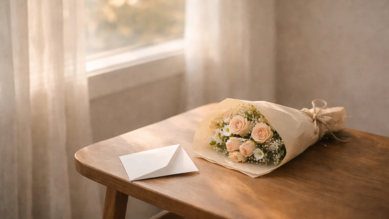 A softly wrapped flower bouquet resting on a wooden table beside a blank note card in natural window light, suggesting a thoughtful pause before words.