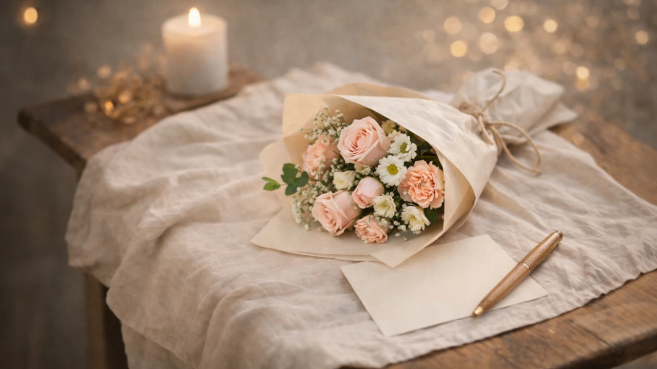 Wrapped bouquet placed on soft linen beside a blank note card and pen, symbolizing feelings that haven&rsquo;t yet found words