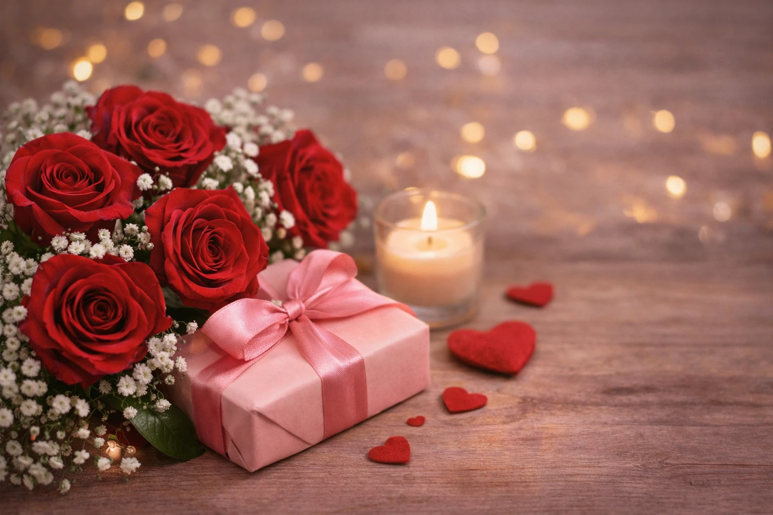 Romantic Valentine&rsquo;s Day flower gift with red roses, gift box and candle representing a thoughtful Valentine&rsquo;s gesture &ndash; BetterGiftFlowers&trade;