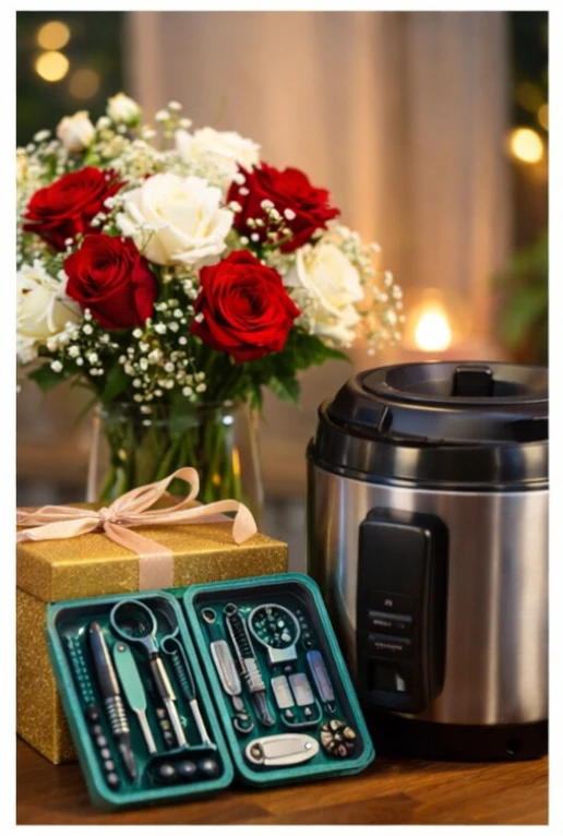 Practical and thoughtful anniversary gifts paired with flowers