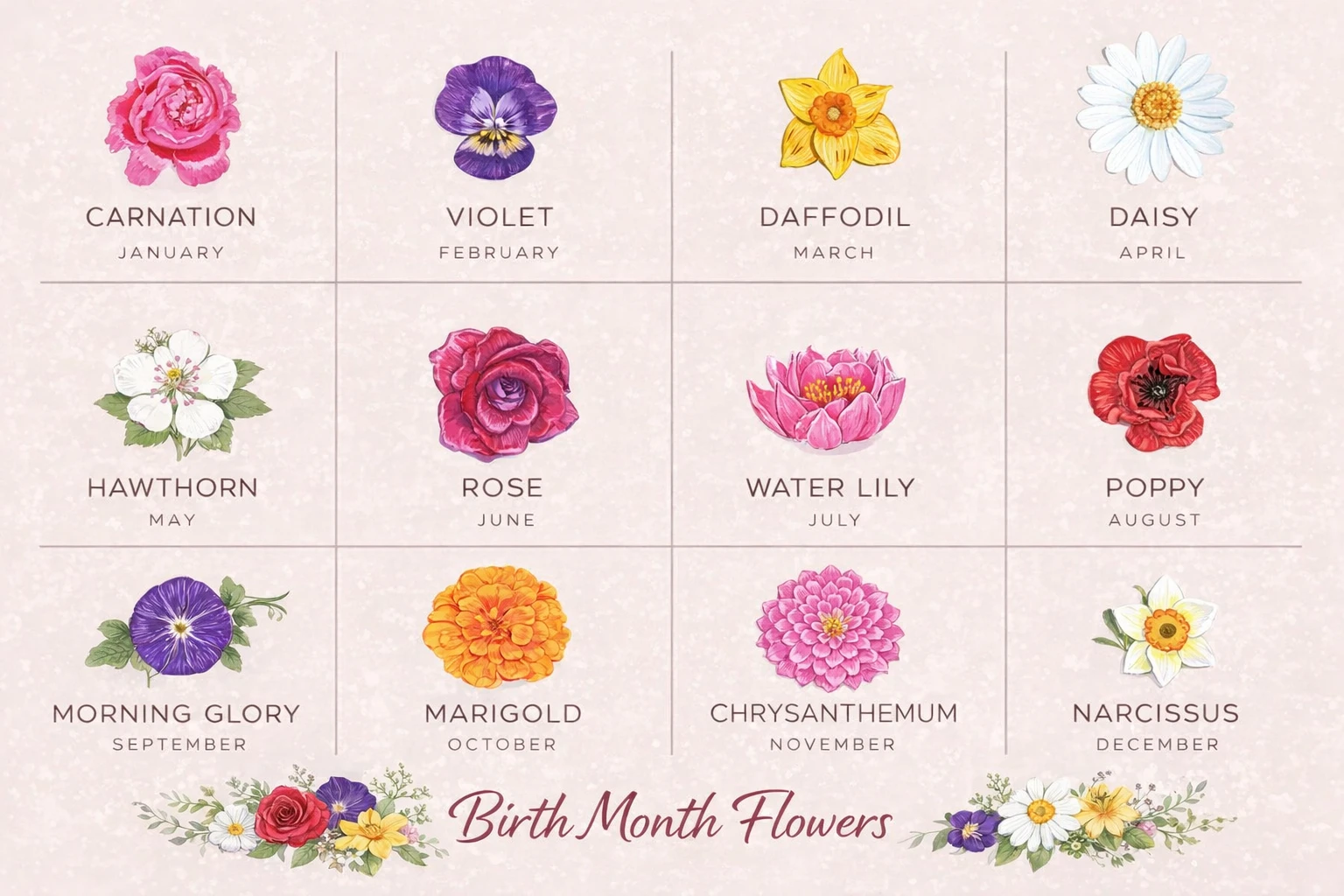 Illustrated chart showing birth month flowers from January to December including carnation, violet, daffodil, rose, marigold and narcissus