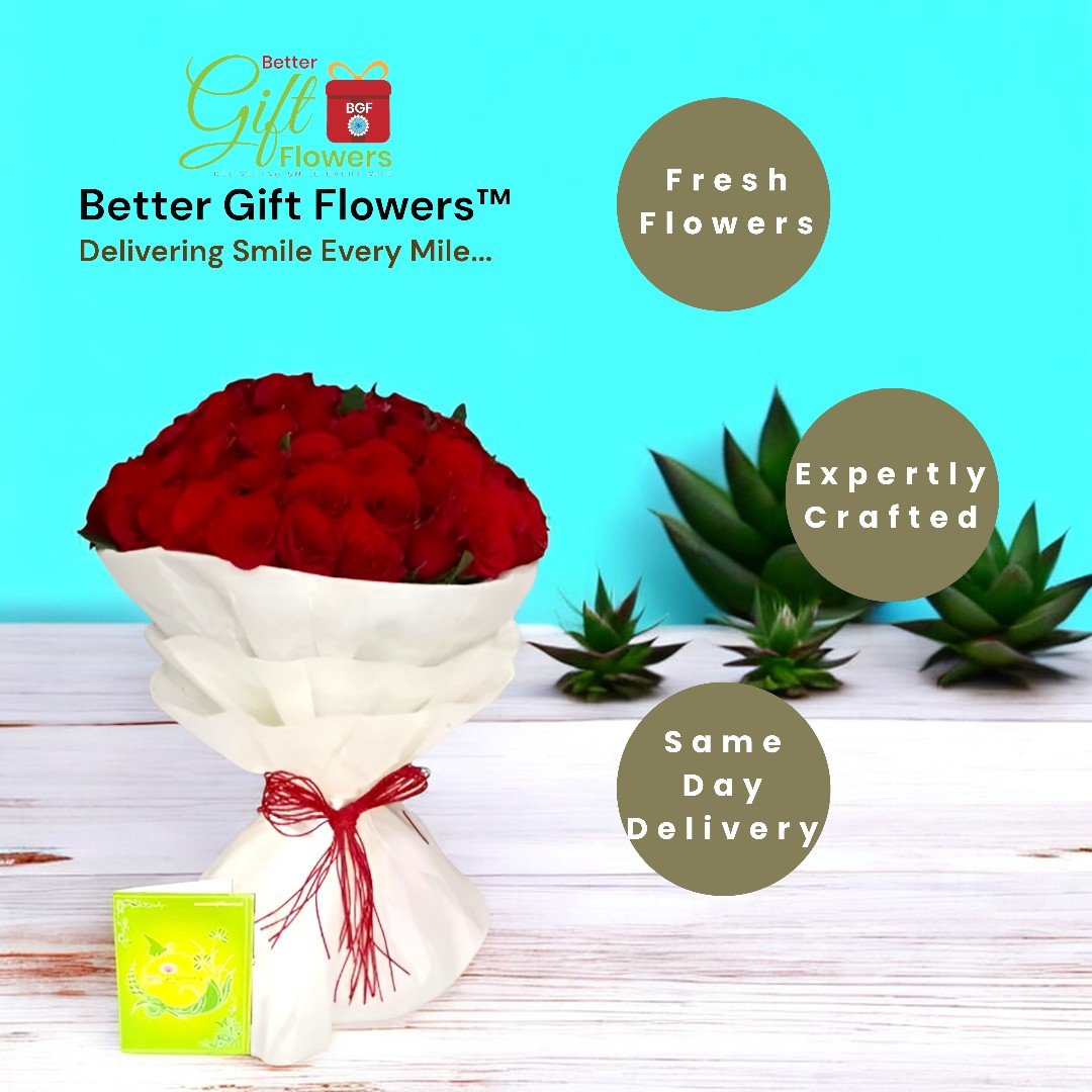 Better Gift Flowers 50 Red Roses Bouquet with a greeting card, emphasizing expert craftsmanship, fresh flowers, and same-day delivery.