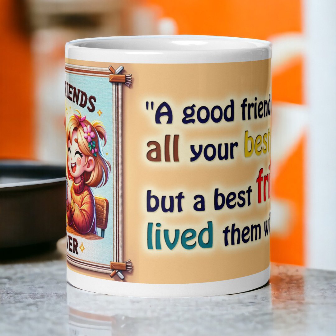 Close-up of the BetterGiftFlowers "Best Friends Forever" mug featuring a touching friendship quote.