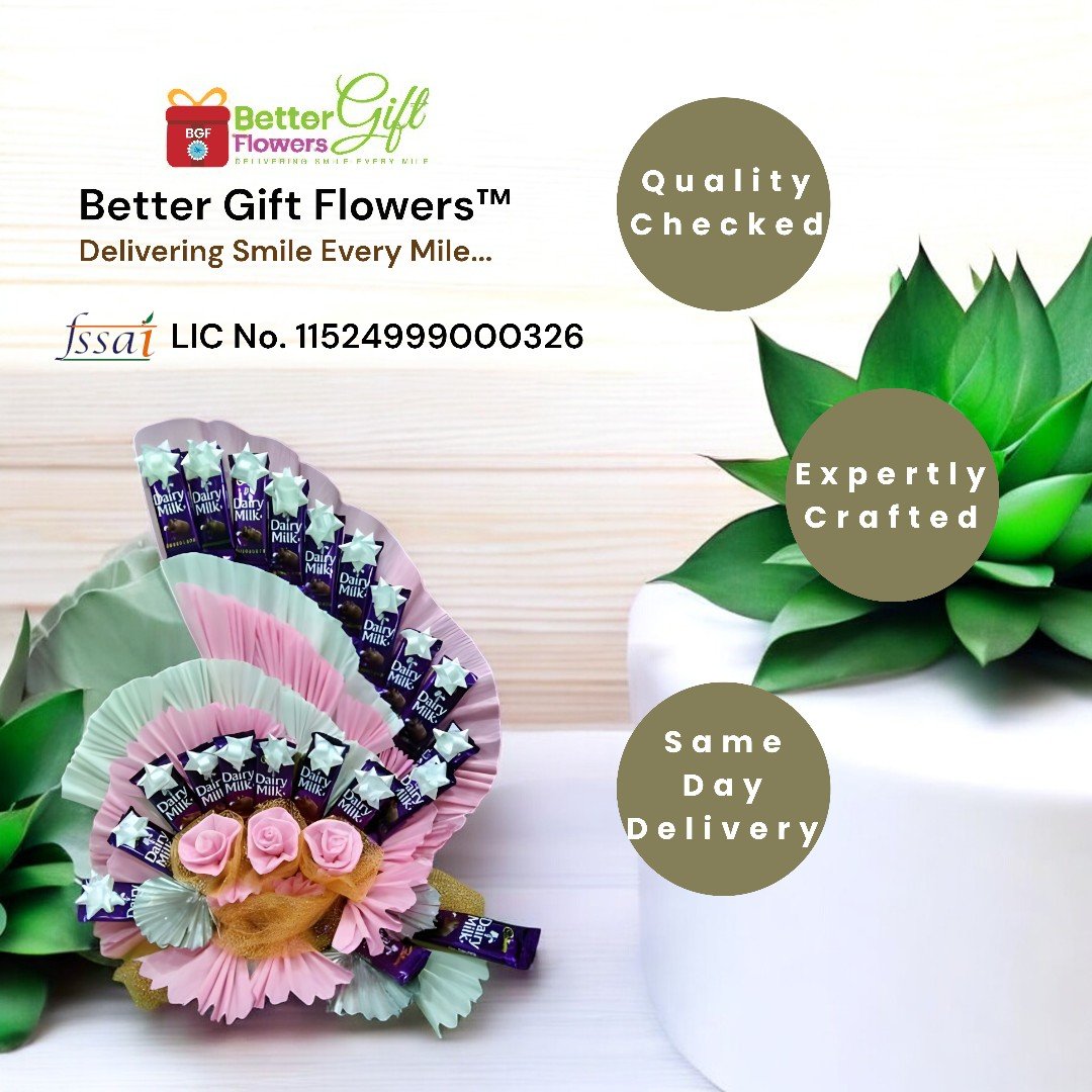 BetterGiftFlowers Dairy Milk gift hamper with 20 chocolates and faux flowers, expertly crafted for gifting occasions.