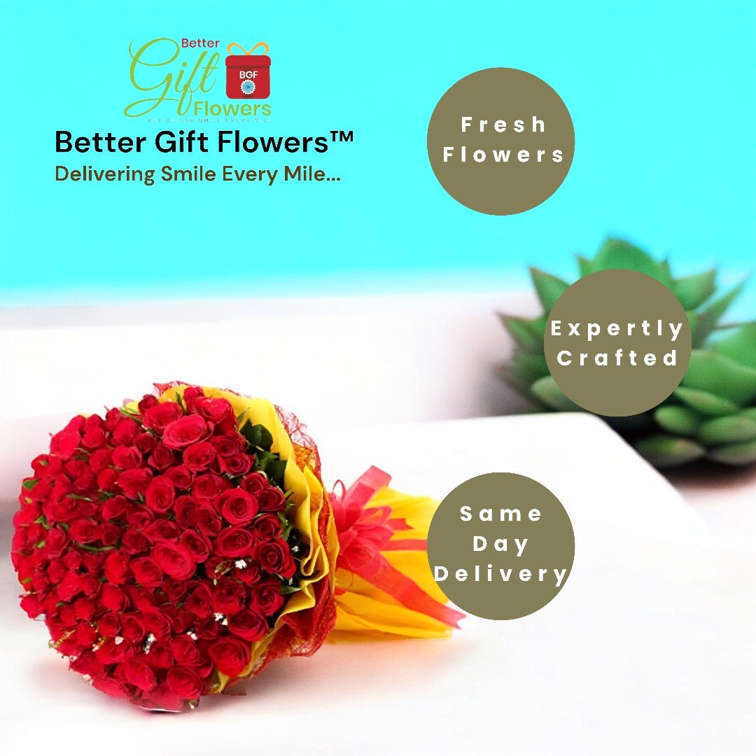 BetterGiftFlowers Addicted bouquet of 100 red roses beautifully wrapped with yellow and red paper showcasing fresh flowers and same-day delivery option.