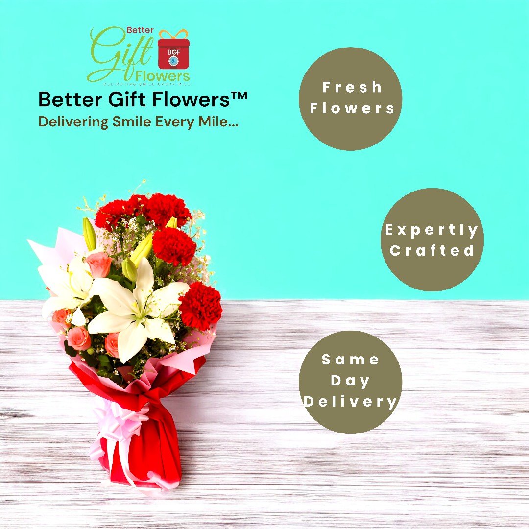 BetterGiftFlowers' "Bloom & Blossoms" bouquet of carnations, lilies, and roses with same-day delivery option.