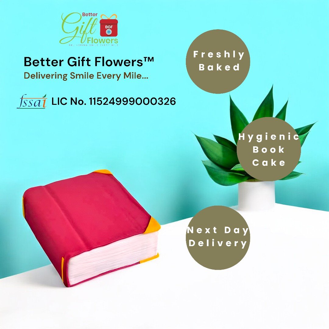Hygienic book-shaped cake with a red cover, available with next-day delivery from Better Gift Flowers.