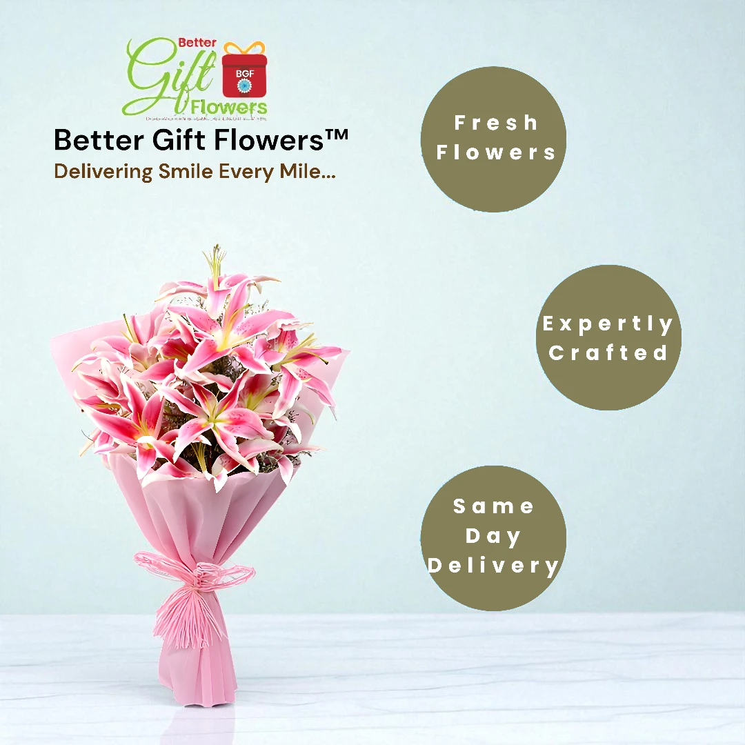 Hand-tied pink lilies bouquet with BetterGiftFlowers branding for express flower delivery in Mumbai