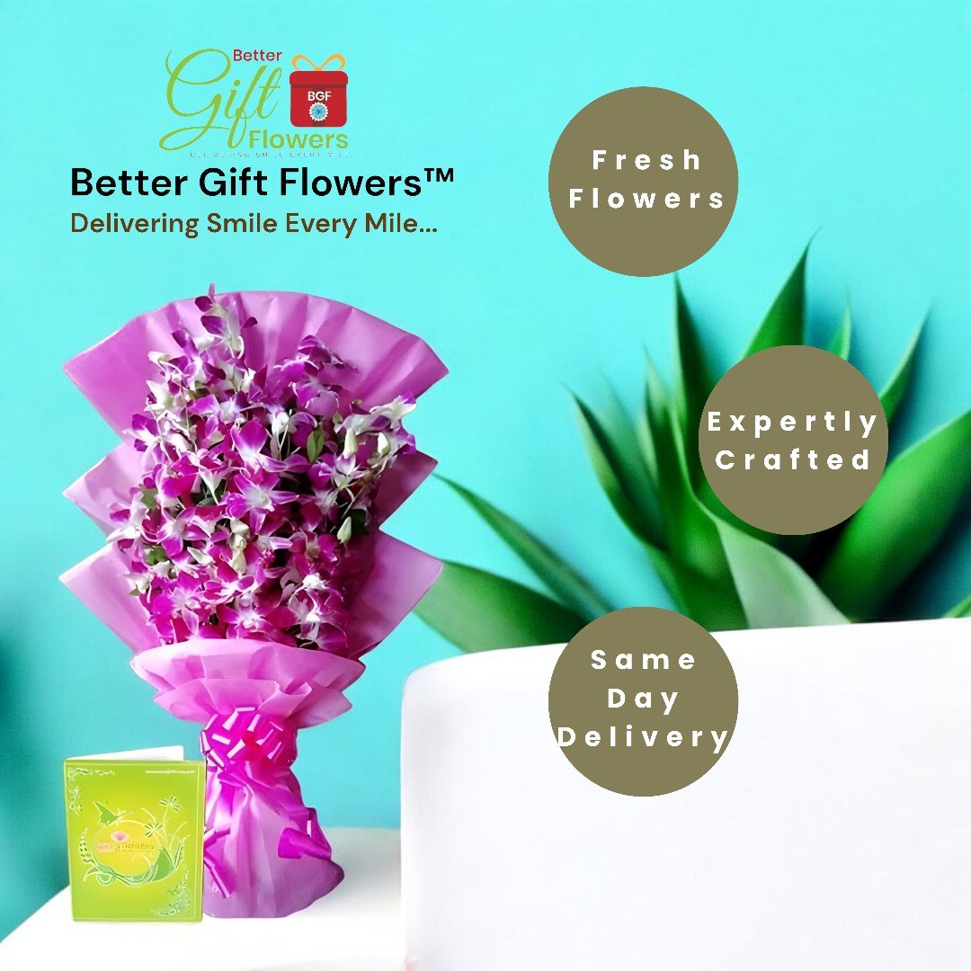 BetterGiftFlowers' expertly crafted purple orchid bouquet with Ferrero Rocher chocolates for same-day delivery.