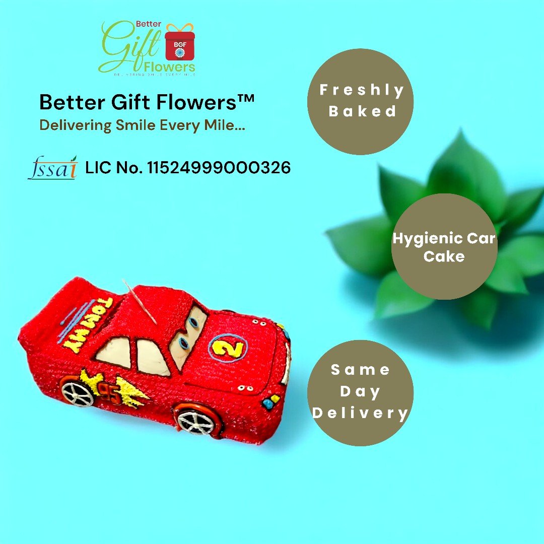 Hygienic 3D car cake by BetterGiftFlowers with customizable name, ideal for celebrations.