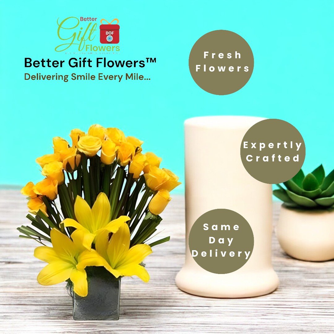 BetterGiftFlowers expertly crafted bouquet of yellow roses and lilies with same-day delivery