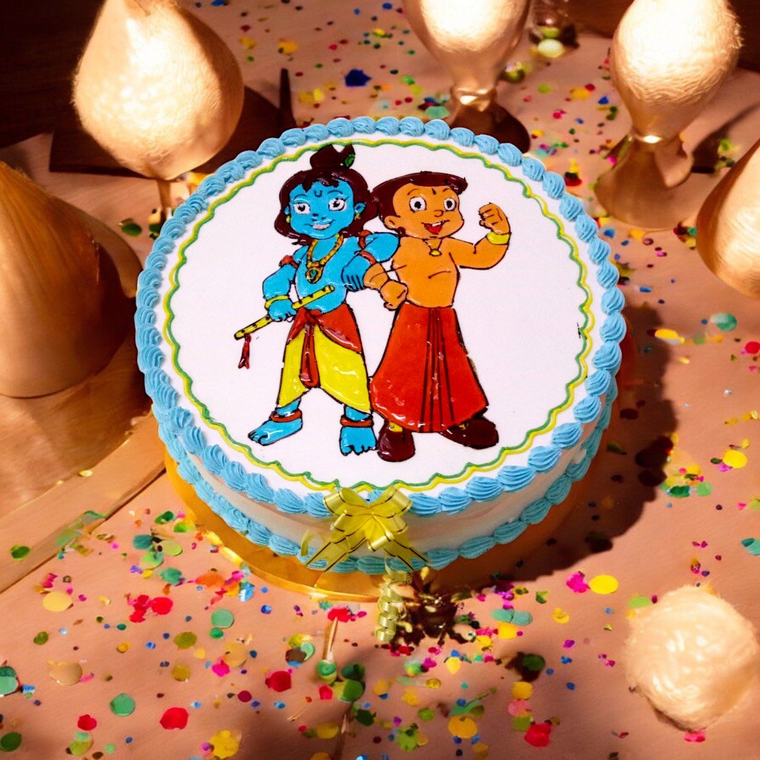 Chhota Bheem N Krishna theme cake by BetterGiftFlowers with festive decorations