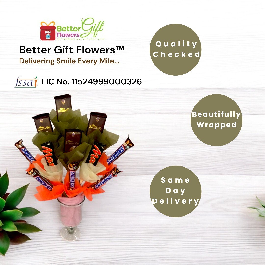 BetterGiftFlowers beautifully wrapped Chocolate Special Vase with Snickers, Mars, and Bournville chocolates for same-day delivery.