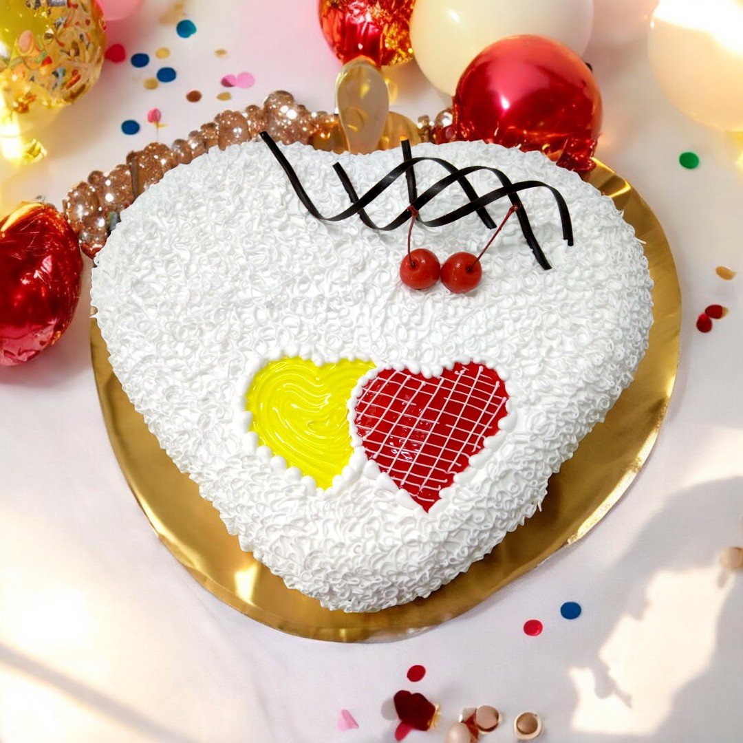 BetterGiftFlowers white Connected Hearts Cake decorated with red and yellow hearts for special celebrations.