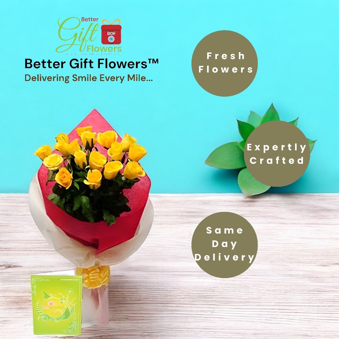 Expertly crafted fresh yellow rose bouquet with message card by BetterGiftFlowers