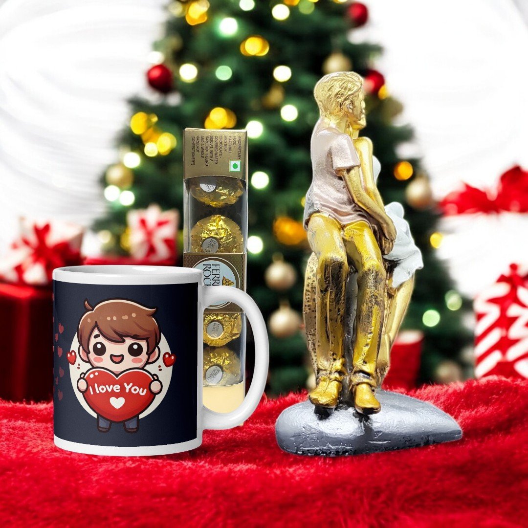 Better Gift Flowers love-themed gift combo featuring a ceramic mug, Ferrero Rocher chocolates, and a golden couple figurine perfect for special occasions.