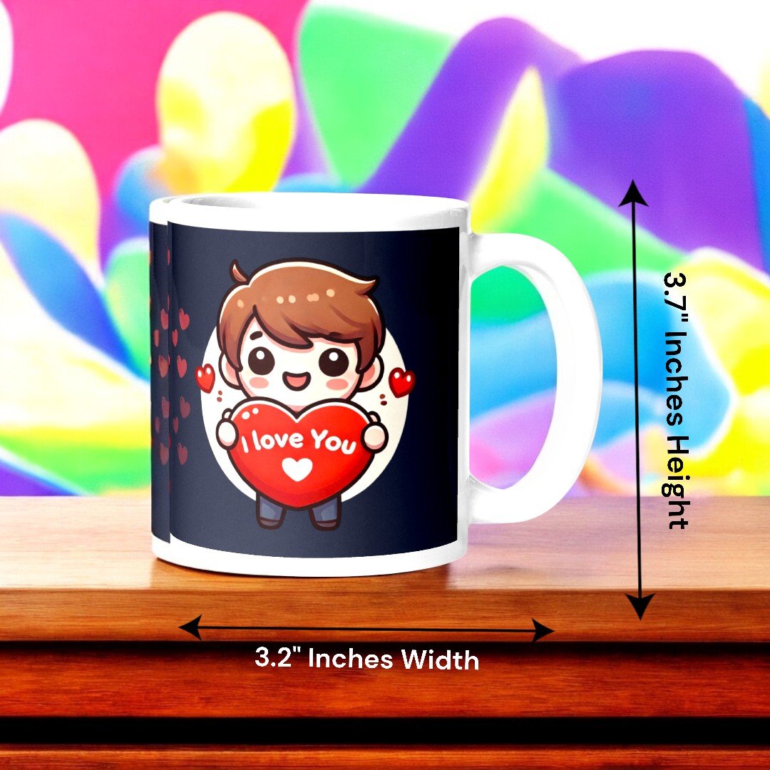 Better Gift Flowers love-themed gift combo featuring a ceramic I Love You in 50 languages printed mug with dimensions mentioned