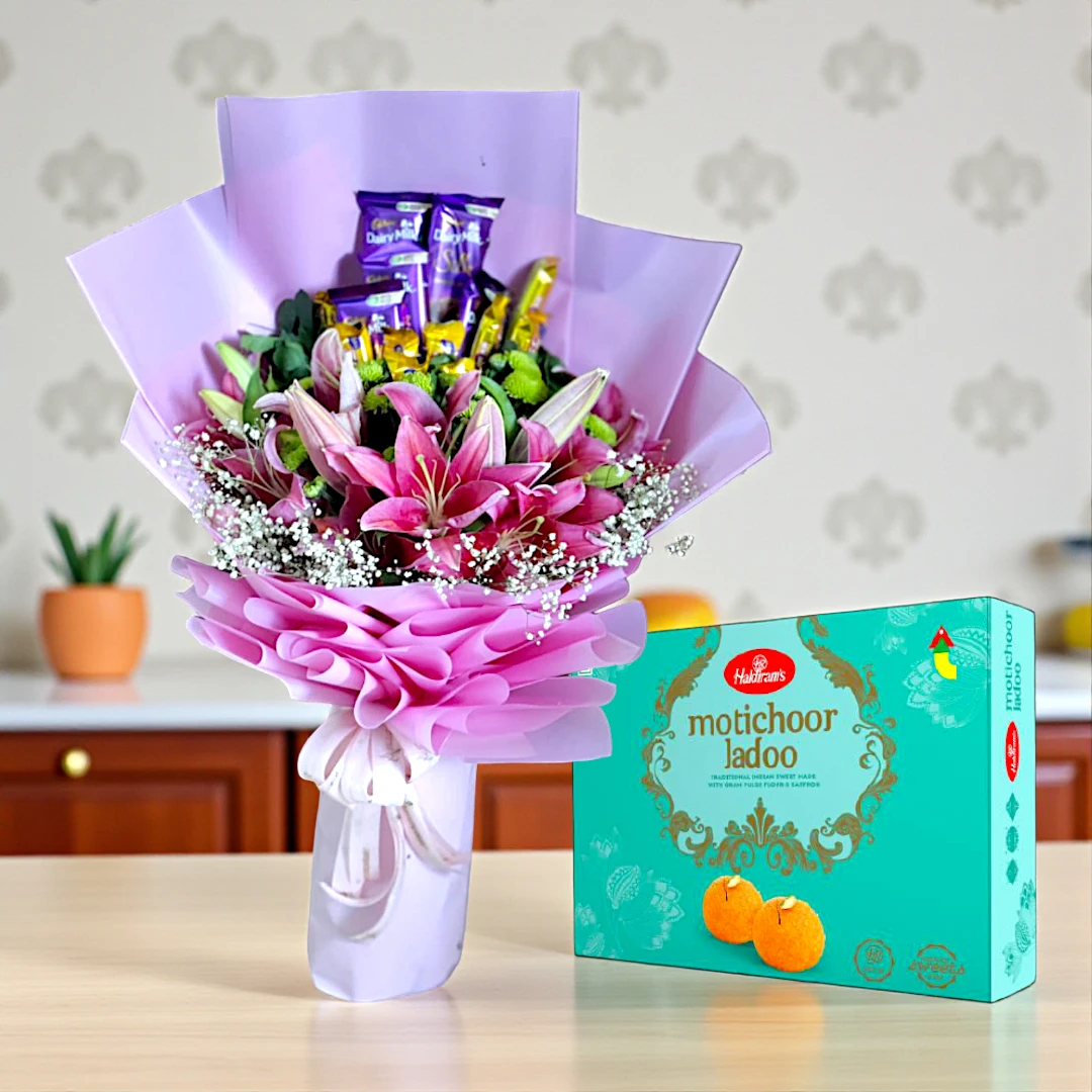 pink lilies bouquet with chocolates and motichoor ladoo gift combo BetterGiftFlowers™