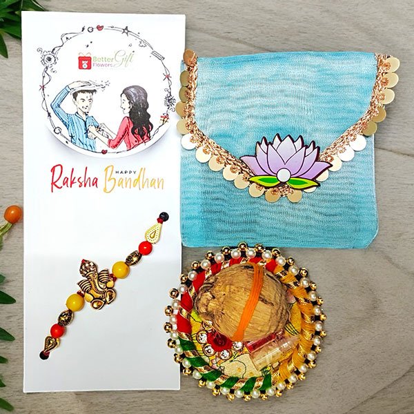 ganesh rakhi, roli, chawal, and rakhi pouch by BetterGiftFlowers