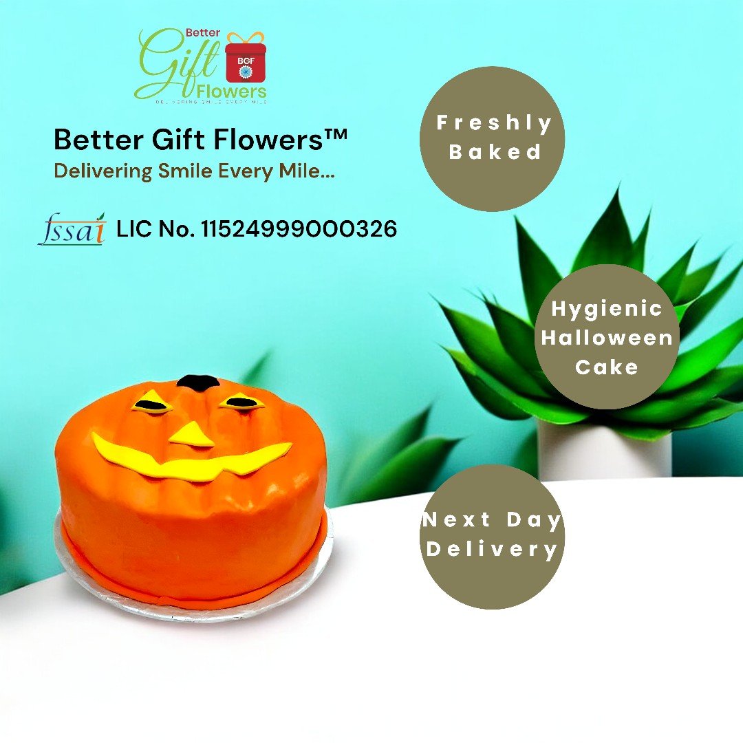 Hygienic Jack-o'-lantern Halloween cake from BetterGiftFlowers with next-day delivery.