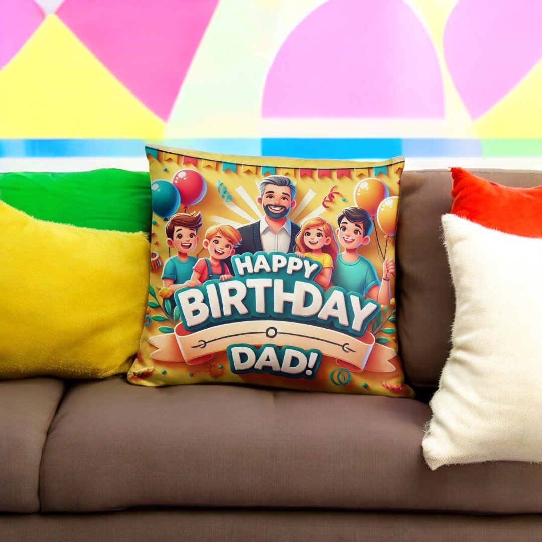 Vibrant Happy Birthday Dad Cushion from BetterGiftFlowers placed on a colorful couch