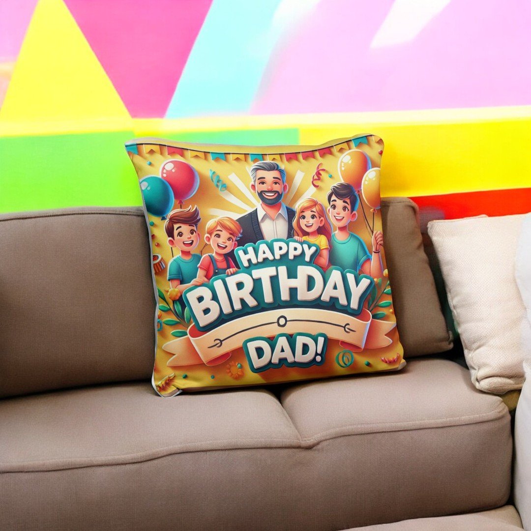 Birthday-themed Dad Cushion with family and balloons from BetterGiftFlowers