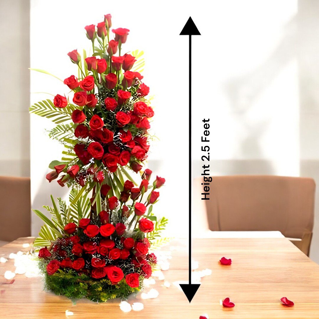 BetterGiftFlowers tall Love Devotion arrangement showing the height of 2.5 feet with 75 red roses